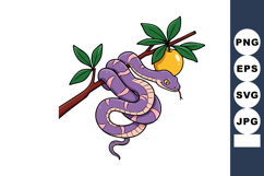 Purple snake coiled on tree branch with green leaves and yel Product Image 1