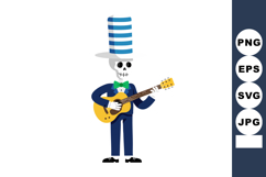Skeleton musician playing guitar in blue suit and striped ta Product Image 1