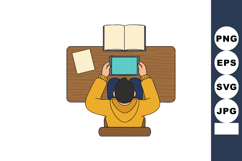 Student studying with digital tablet and books at wooden des Product Image 1