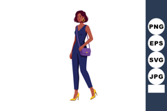 Woman in Elegant Blue Jumpsuit with Purple Bag and Yellow He Product Image 1