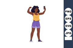 Young woman flexing muscles taking selfie in casual summer o Product Image 1