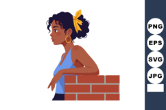 Young woman with curly hair leaning on brick wall in casual Product Image 1