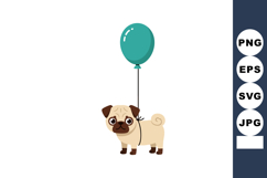 Cute pug dog with teal balloon vector illustration for pet a Product Image 1