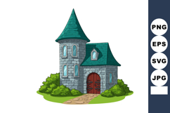 Stone castle tower house with green roof and wooden door sur Product Image 1