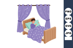 Child resting in bed with purple starry bedding and curtains Product Image 1