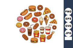Fast food meal items with burgers fries pizza donuts coffee Product Image 1