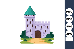 Medieval stone castle with green pointed roof and wooden doo Product Image 1