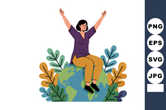 Woman sitting on globe with colorful leaves illustration sho Product Image 1