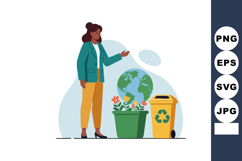 Woman promoting environmental awareness with recycling bin a Product Image 1
