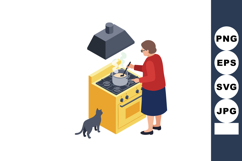 Woman cooking on yellow stove with black cat watching kitche Product Image 1
