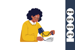 Woman measuring blood pressure with digital monitor in yello Product Image 1