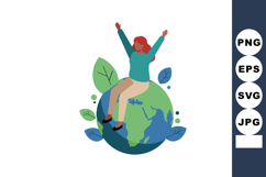 Woman sitting on earth globe with green and blue leaves illu Product Image 1
