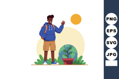 Young man waving near potted plant with earth globe backgrou Product Image 1