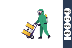 Worker in protective hazmat suit pushing chemical barrels on Product Image 1