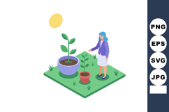 Woman watering potted plants in sunny garden with growing gr Product Image 1