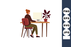 Woman working on computer at wooden desk with indoor plant v Product Image 1