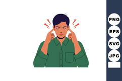 Man with headache pressing temples in green shirt vector ill Product Image 1
