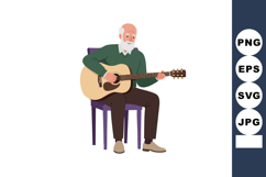 Elderly man playing acoustic guitar sitting on purple chair Product Image 1