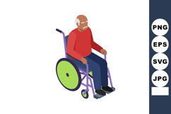 Elderly man in wheelchair wearing red sweater and blue pants Product Image 1