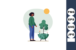 Woman standing near small tree in pot with sun in background Product Image 1