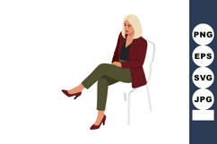 Woman with blonde hair sitting on chair in burgundy blazer a Product Image 1