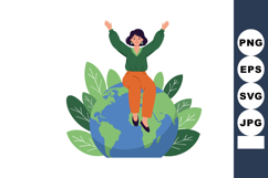 Woman Sitting on Globe Surrounded by Green Leaves Environmen Product Image 1