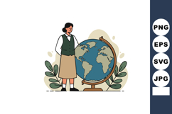 Woman standing beside globe world map illustration with gree Product Image 1