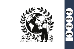 Woman Standing Next to Globe with Laurel Wreath and Plants V Product Image 1