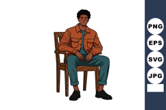 Young man sitting on wooden chair wearing casual orange jack Product Image 1
