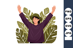 Person Wearing Hat Raising Hands with Green Tropical Leaves Product Image 1