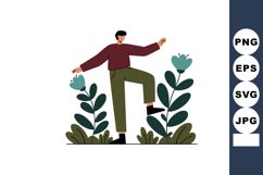 Person balancing on one leg among green plants with maroon s Product Image 1