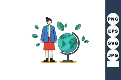 Woman standing near globe with floating green leaves environ Product Image 1
