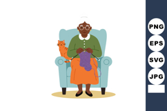 Elderly woman knitting purple yarn sitting in armchair with Product Image 1