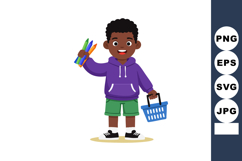 Boy holding colored pencils and shopping basket cheerful smi Product Image 1