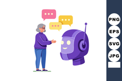 Elderly woman interacting with purple chatbot robot AI techn Product Image 1