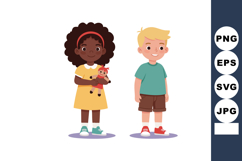 Two happy children standing together with doll and smiling i Product Image 1