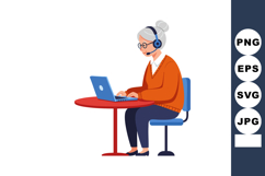 Elderly woman working on laptop with headset sitting at roun Product Image 1