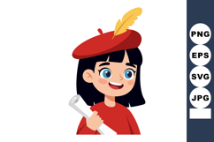 Young girl wearing red beret with yellow feather holding rol Product Image 1