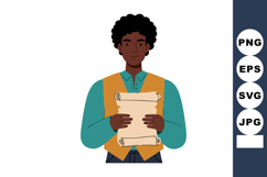 Young man holding ancient scroll in teal shirt and orange ve Product Image 1