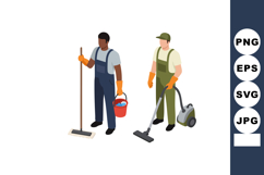 Two janitors cleaning floors with mop bucket and vacuum clea Product Image 1