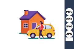 Woman standing beside yellow car in front of orange house wi Product Image 1