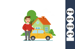 Man standing next to yellow car in front of green house with Product Image 1