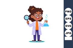 Young girl scientist holding magnifying glass and chemical f Product Image 1