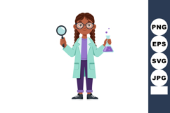 Girl scientist holding flask and magnifying glass in lab coa Product Image 1