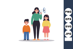 Woman with megaphone standing between smiling boy and girl i Product Image 1