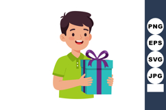 Boy holding gift box with purple ribbon smiling in green shi Product Image 1