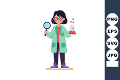 Female scientist holding magnifying glass and chemical flask Product Image 1