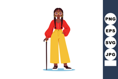 Woman standing with cane wearing red blouse and yellow pants Product Image 1