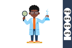 Young scientist boy holding magnifying glass and flask in bl Product Image 1