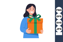 Woman smiling holding orange gift box with green ribbon pres Product Image 1